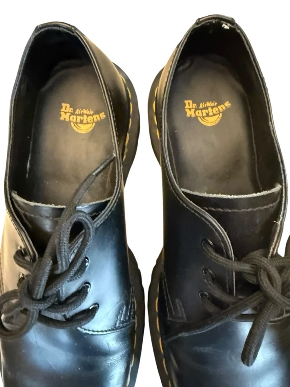 Dr Martens  Men's Black Lace-Up Platform Shoes with Yellow Stitch Detail